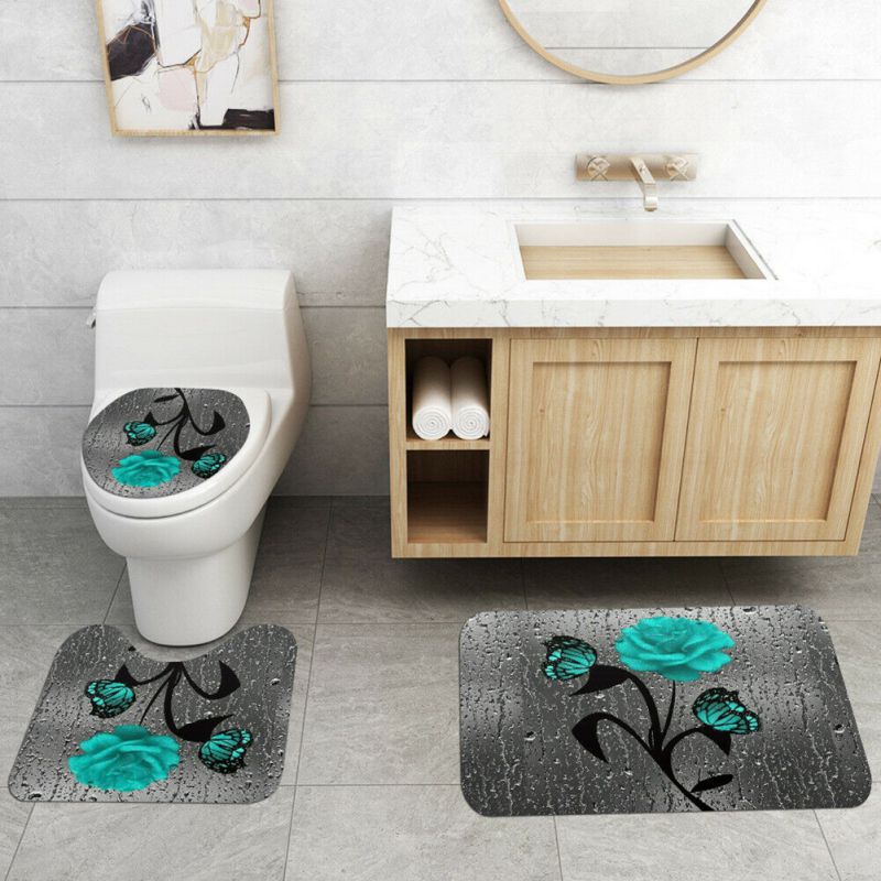 3D Butterfly Rose Door Bath Mat Toilet Cover Rug Shower Curtain Bathroom Decor 