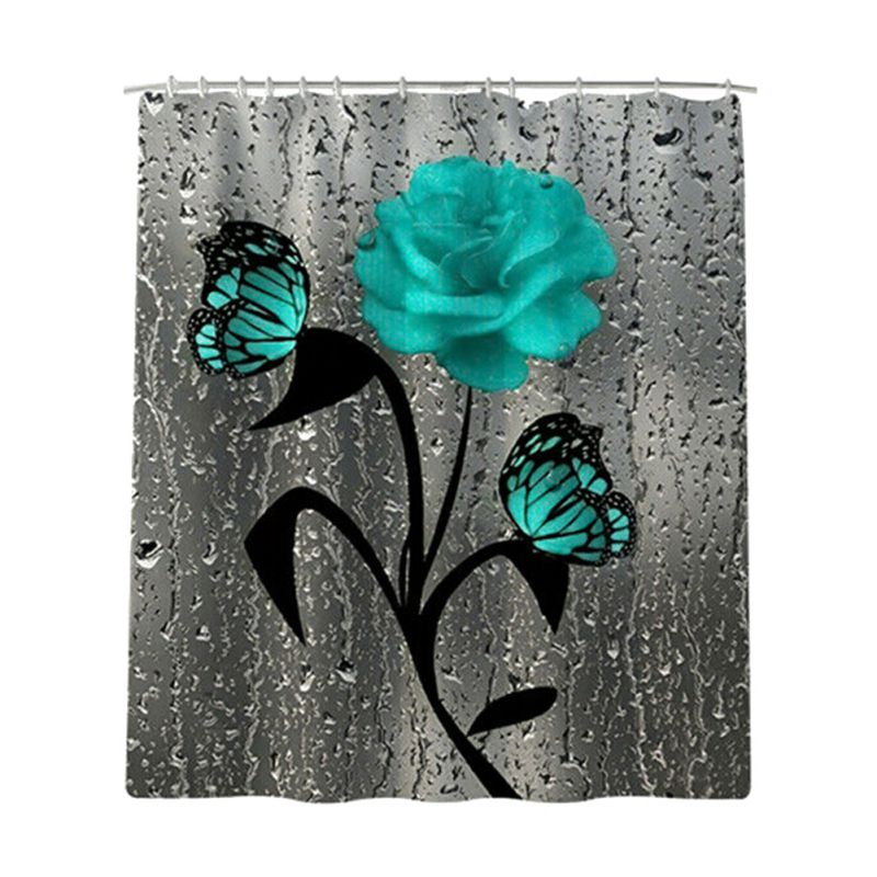 Butterfly Rose Waterproof Shower Curtains Toilet Lid Cover Romantic Bathroom Mat 